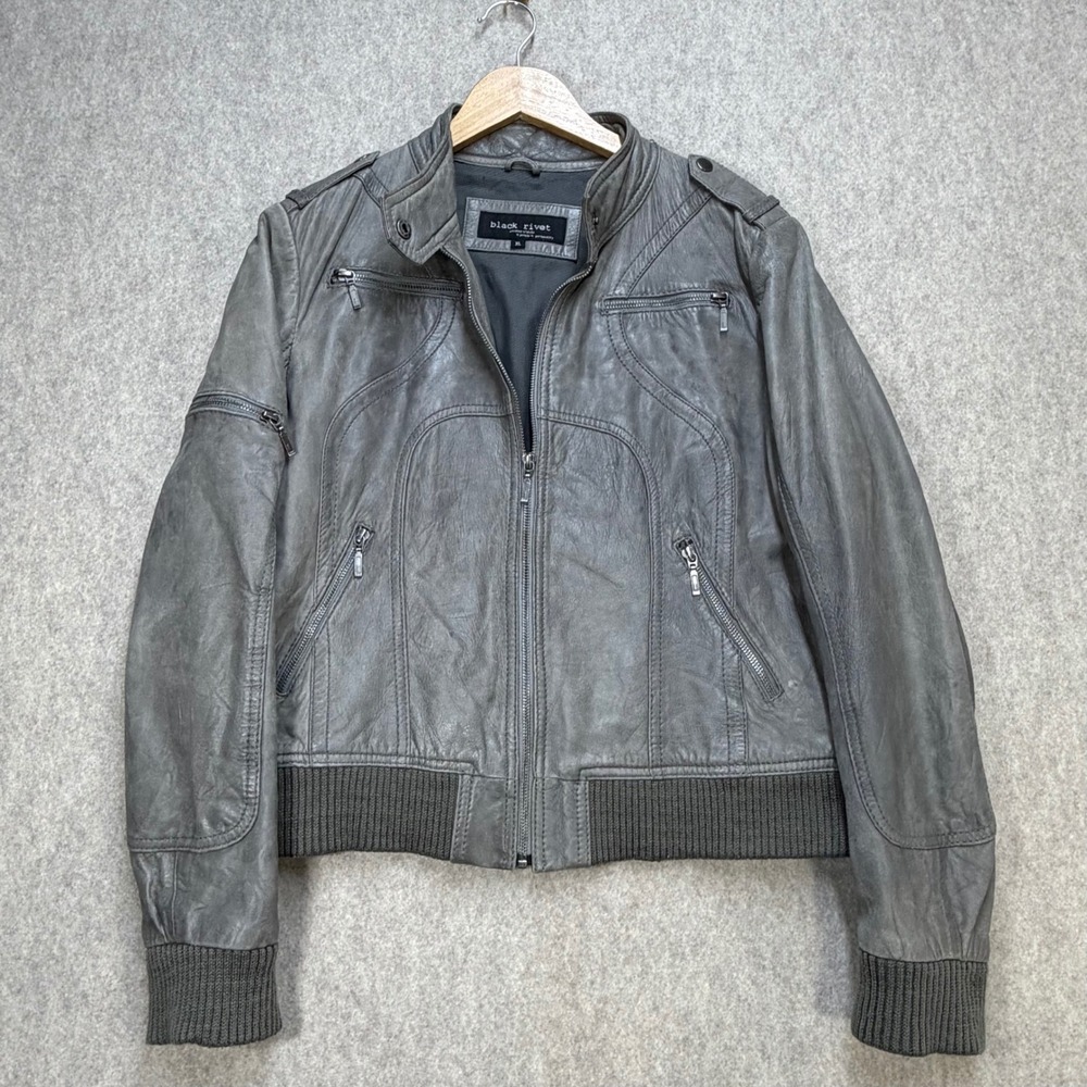 Y2K Leather Moto Jacket Women XL Black Rivet Grey Biker Grunge Full Zip Off Duty
